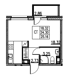 Студия 25.16 м²