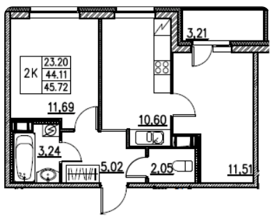 2-комнатная 45.72 м²