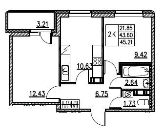 2-комнатная 45.21 м²