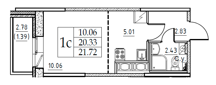 Студия 21.72 м²