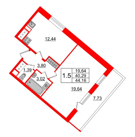 1-комнатная 44.16 м²