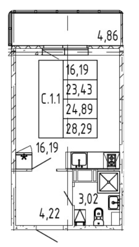 Студия 24.89 м²