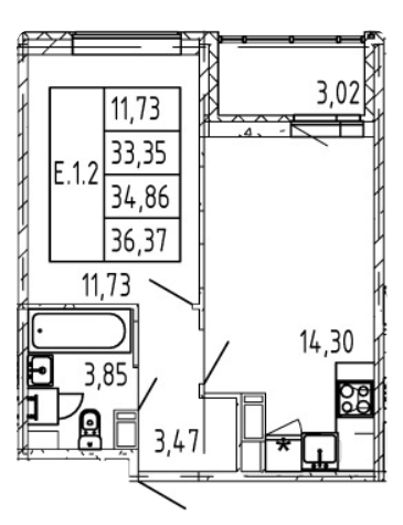 1-комнатная 34.26 м²