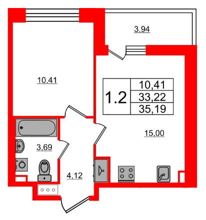 1-комнатная 35.19 м²