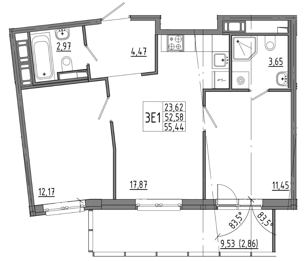 2-комнатная 55.44 м²