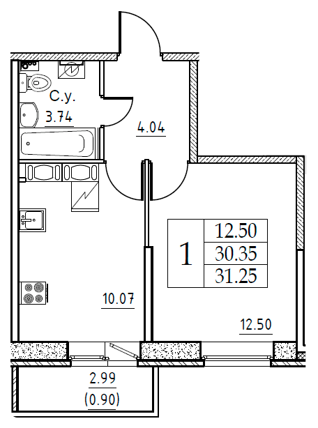 1-комнатная 31.25 м²