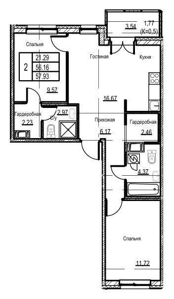 2-комнатная 57.93 м²