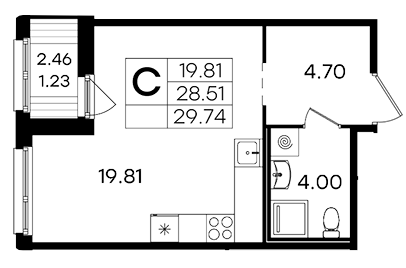 Студия 29.77 м²