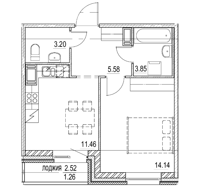 1-комнатная 39.49 м²