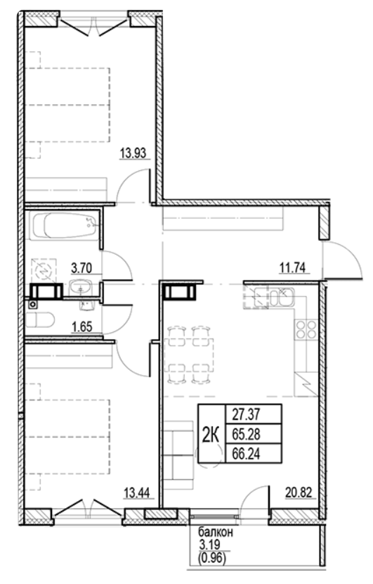 2-комнатная 66.24 м²