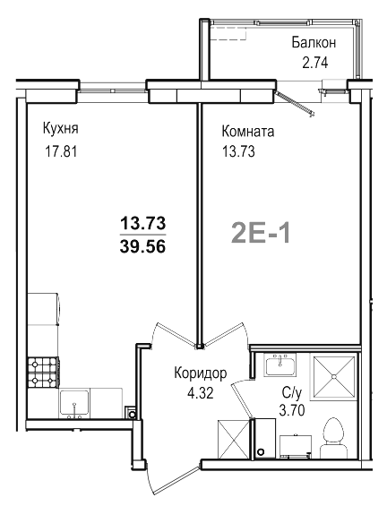 1-комнатная 40.38 м²