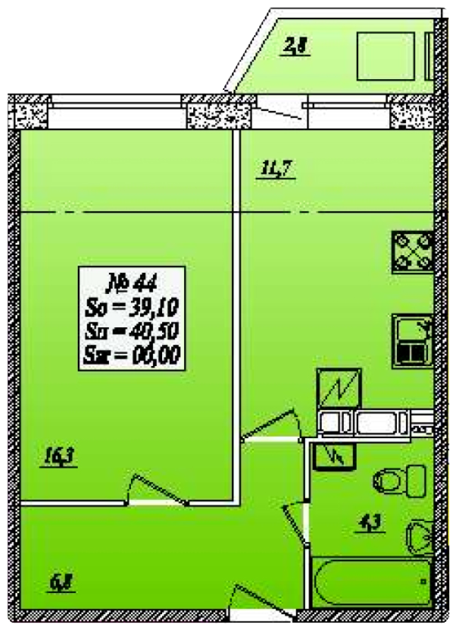 1-комнатная 40.5 м²