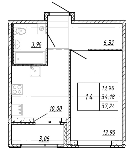 1-комнатная 35.71 м²