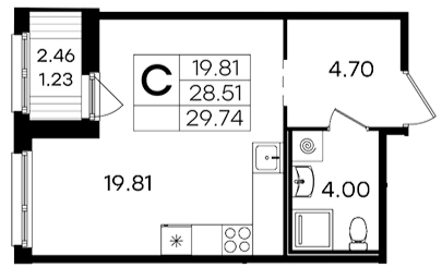 Студия 29.74 м²