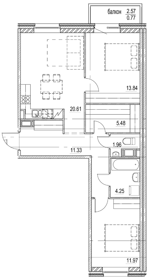 2-комнатная 70.21 м²