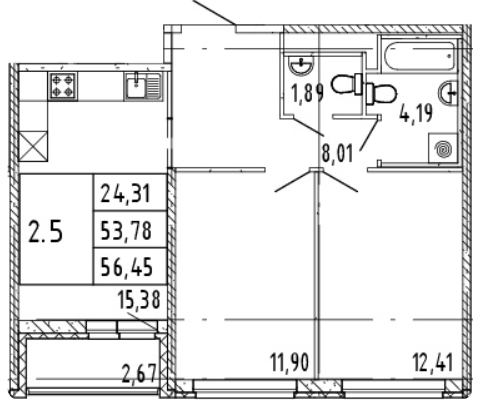 2-комнатная 55.12 м²