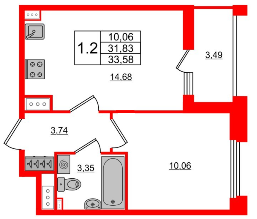 1-комнатная 33.57 м²