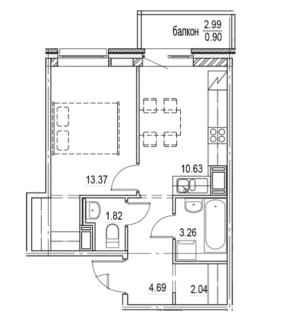 1-комнатная 36.71 м²