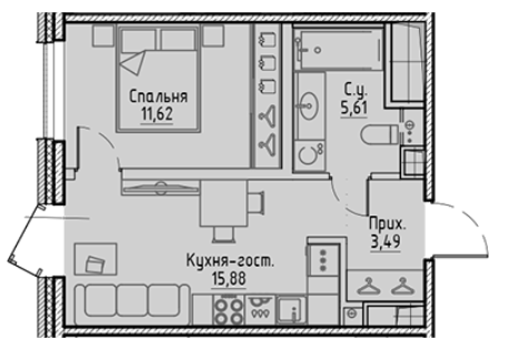 1-комнатная 36.6 м²
