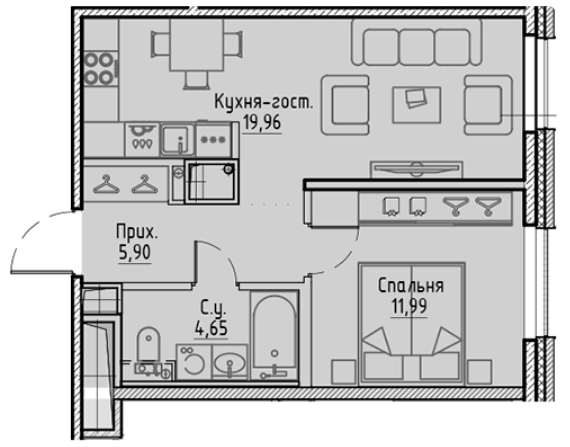 1-комнатная 42.5 м²