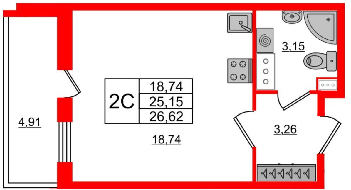 Студия 26.62 м²