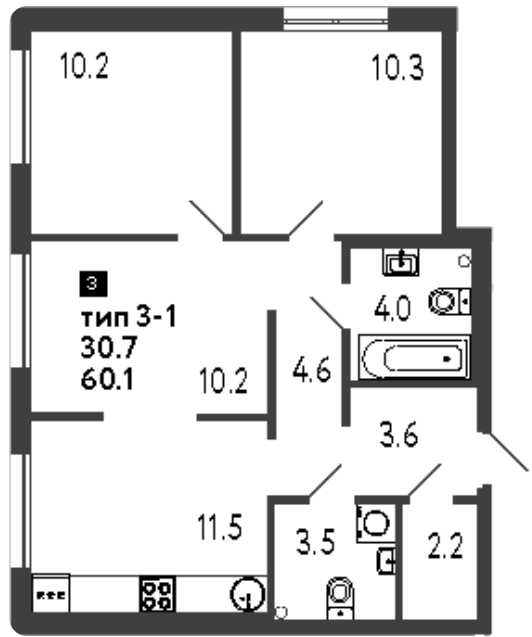 3-комнатная 60.1 м²