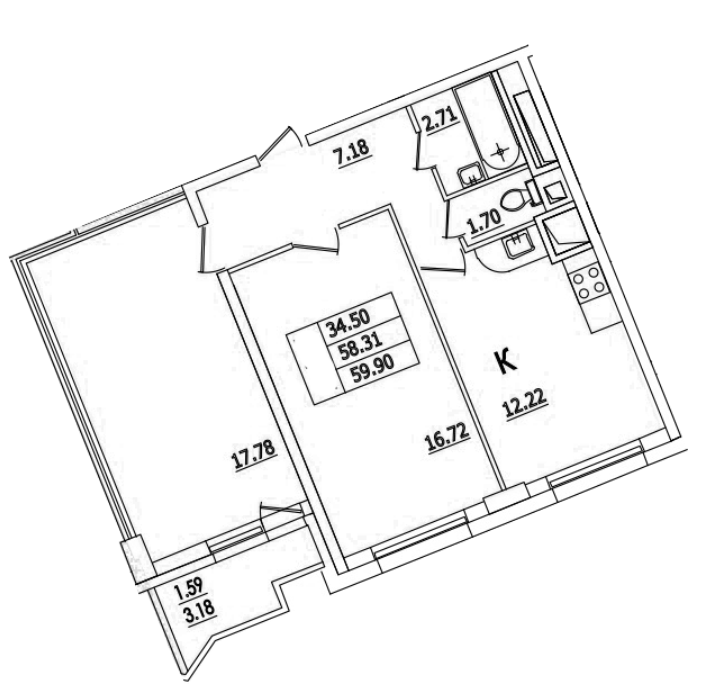 2-комнатная 59.9 м²