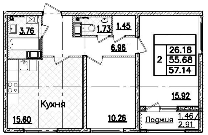 2-комнатная 57.14 м²