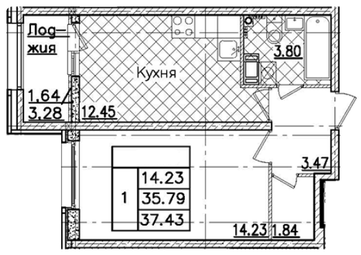 1-комнатная 37.43 м²