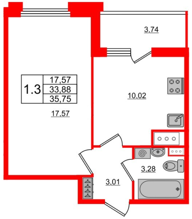 1-комнатная 35.75 м²