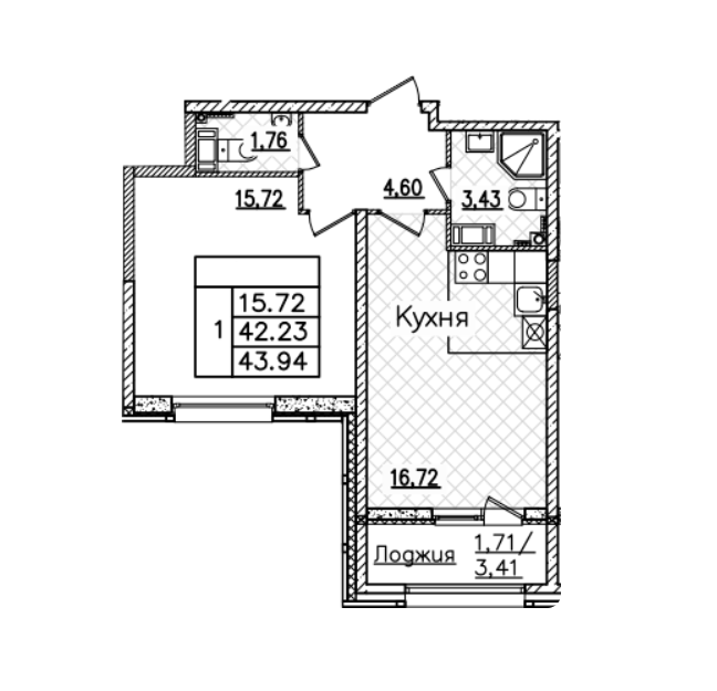 1-комнатная 43.94 м²
