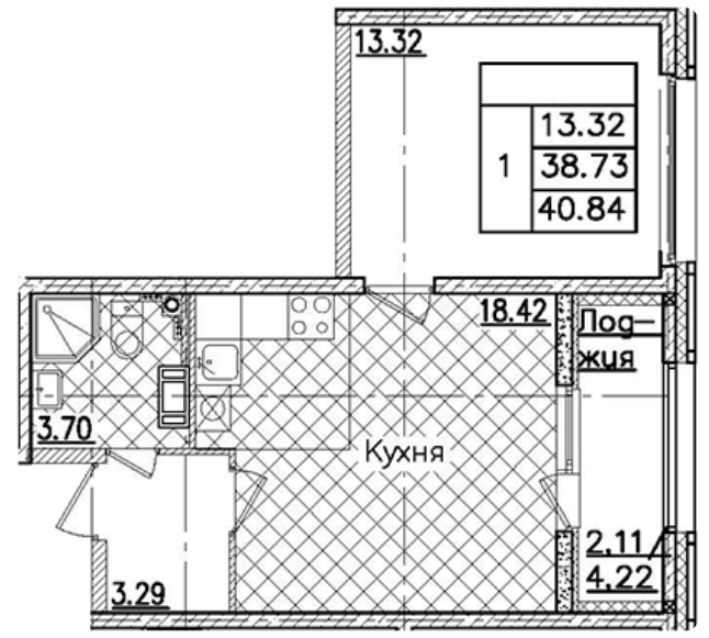 1-комнатная 40.84 м²