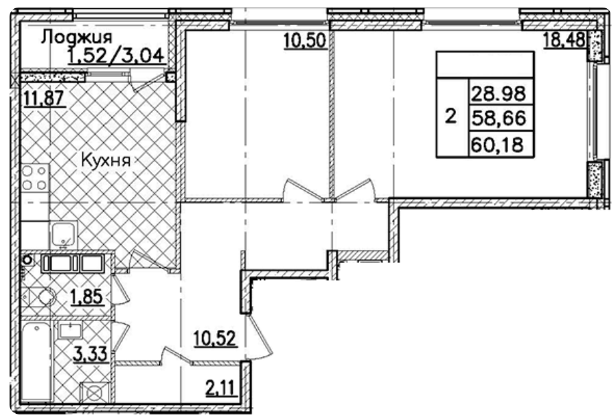 2-комнатная 60.18 м²