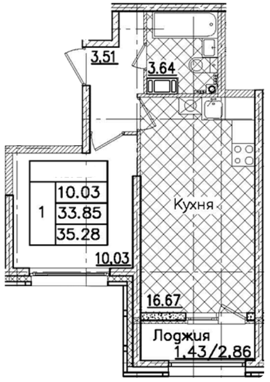 1-комнатная 35.28 м²