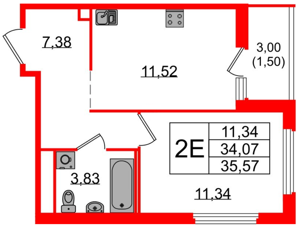 1-комнатная 35.57 м²