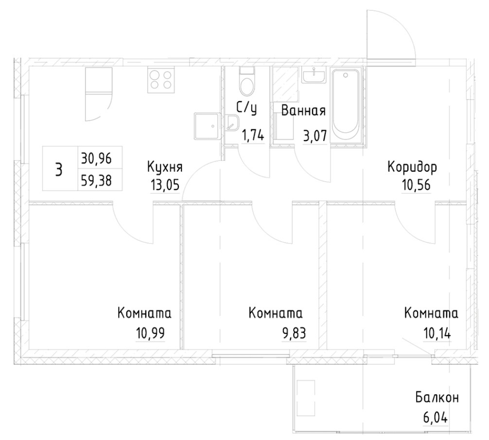 3-комнатная 61.19 м²