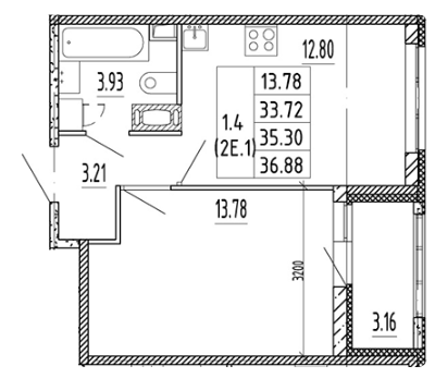 1-комнатная 35.3 м²