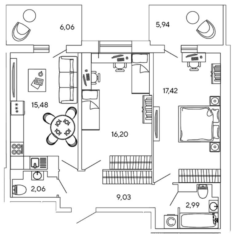 2-комнатная 63.18 м²