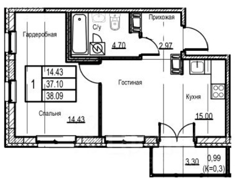 1-комнатная 38.09 м²