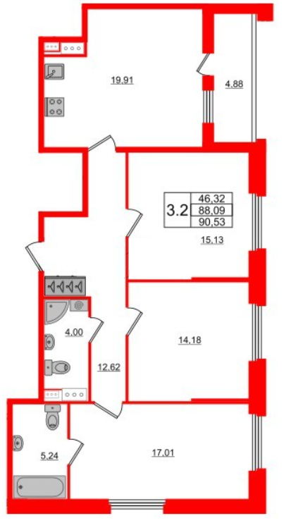 3-комнатная 90.53 м²