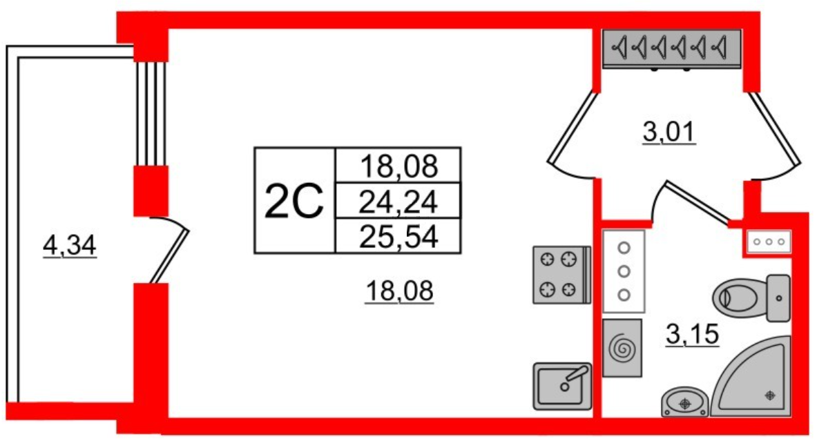 Студия 25.54 м²