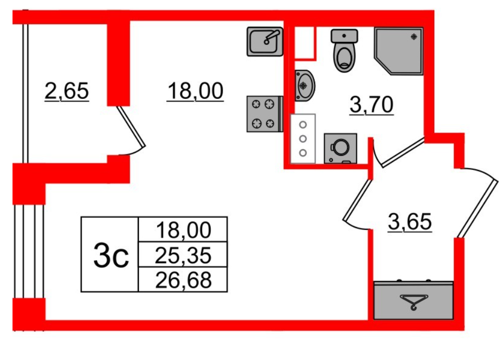 Студия 26.68 м²