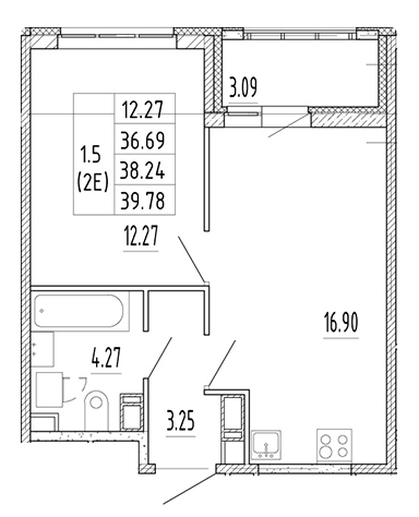 1-комнатная 38.24 м²