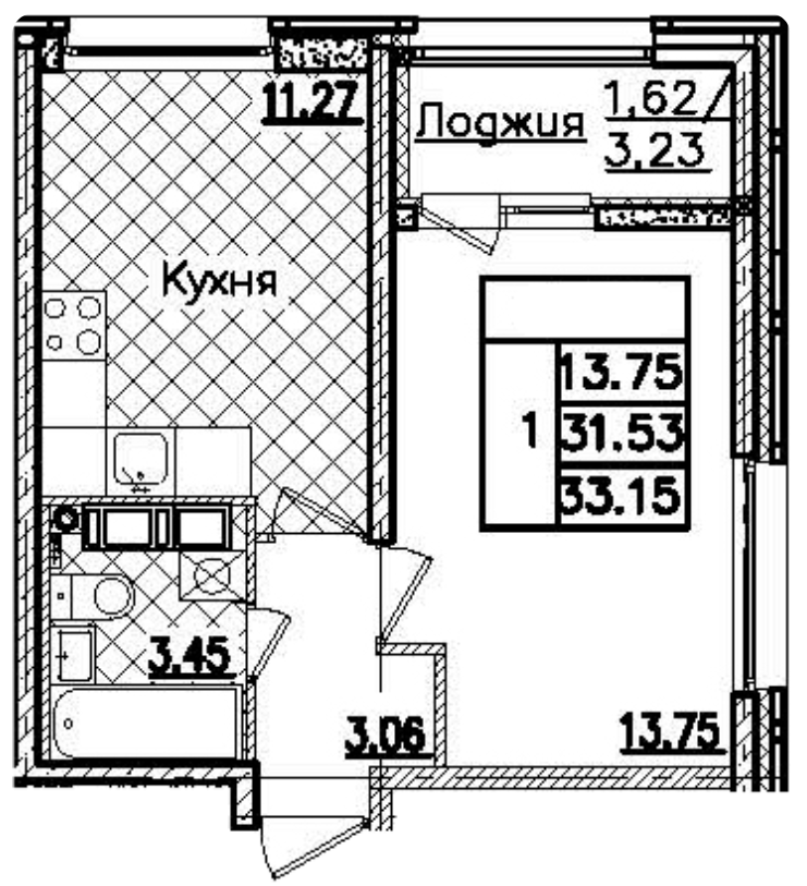 1-комнатная 33.15 м²