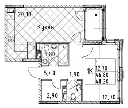 1-комнатная 48.2 м²