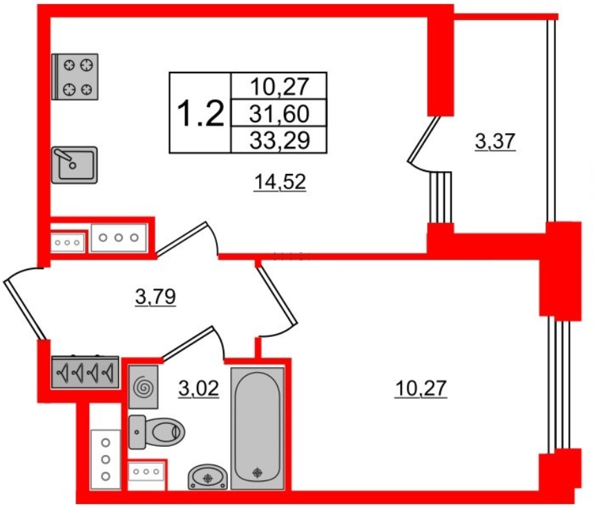 1-комнатная 33.29 м²