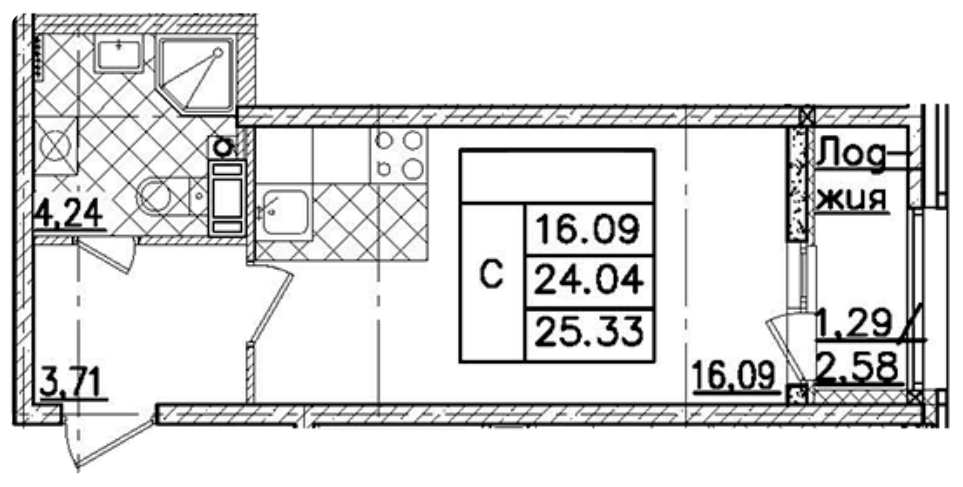 Студия 25.33 м²