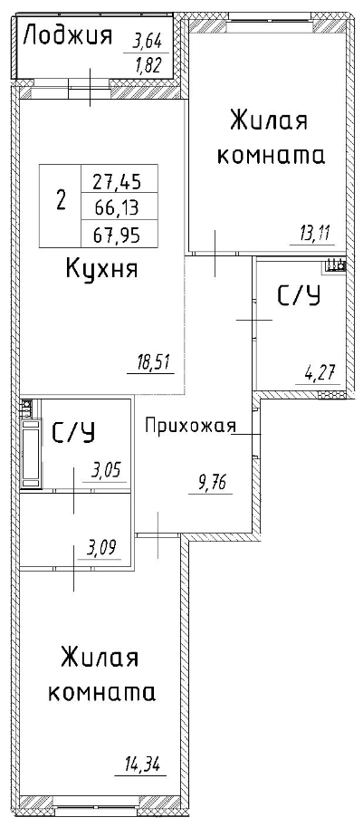 2-комнатная 67.95 м²