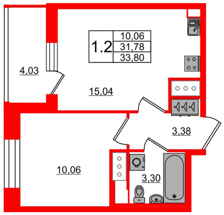 1-комнатная 33.8 м²