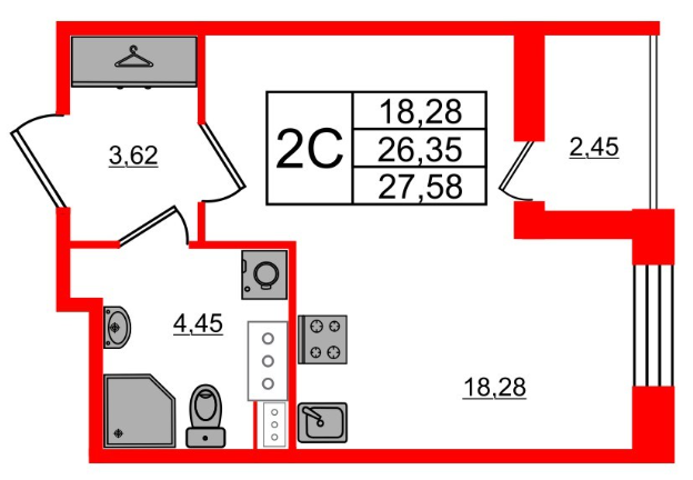 Студия 27.58 м²